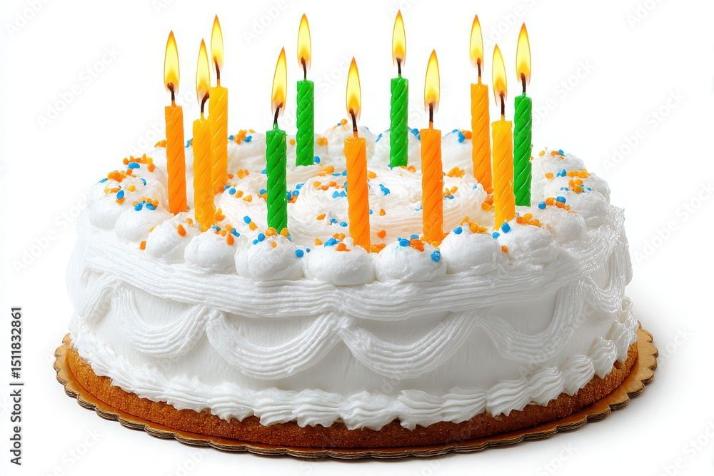 A round cake topped with fluffy white icing and vibrant candles in various colors sits on a golden platter. The atmosphere is festive, perfect for celebrating a special occasion.