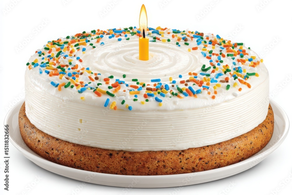 A round cake with a light frosting is adorned with colorful sprinkles. A single candle stands prominently in the center, ready to be lit for a celebration.