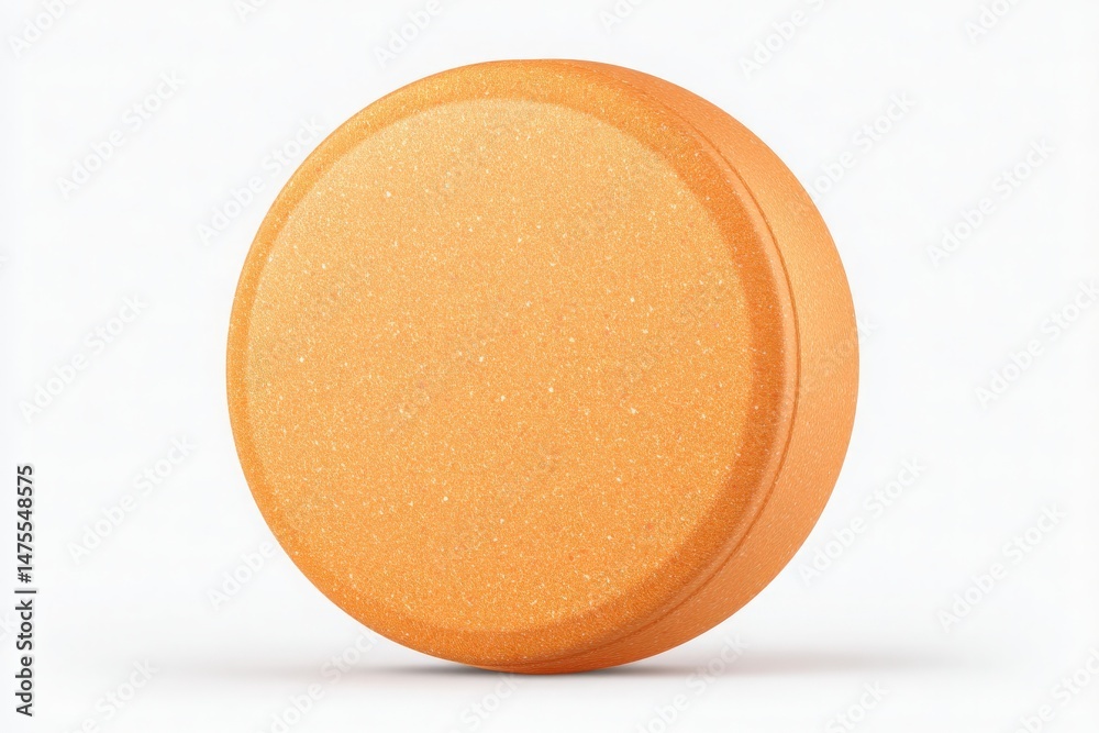 A round, textured orange object rests flat on a clean white background, showcasing its vibrant color and smooth surface. The simple design highlights its geometry and bold hue.