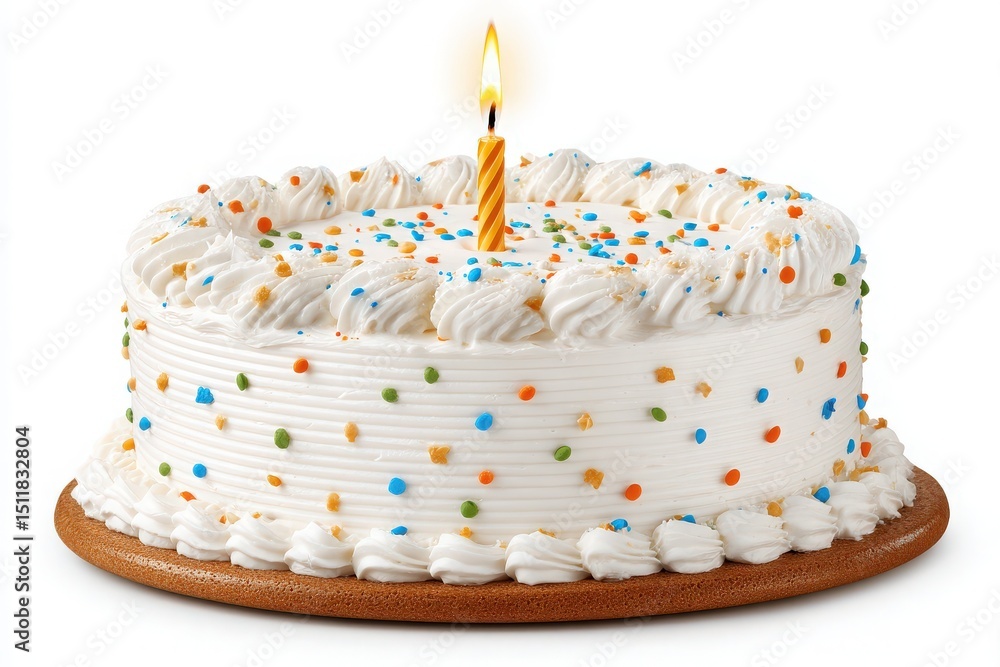 A round white frosting cake features a single candle on top, surrounded by colorful sprinkles. This delightful dessert is perfect for a birthday celebration, exuding joy and festivity.