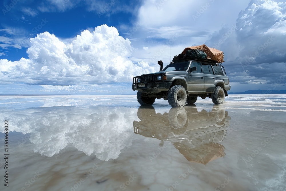 A rugged off-road vehicle is parked on a vast salt flat under a sky filled with dramatic clouds. The ground reflects the vehicle and clouds, creating a stunning visual contrast.