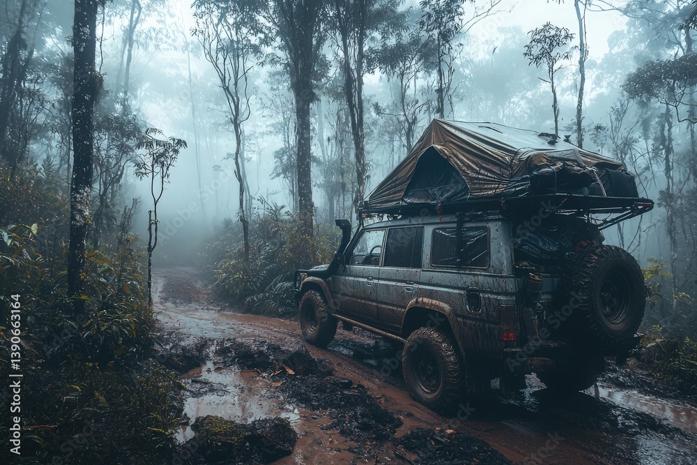 A rugged vehicle navigates a muddy, winding road through a dense, mist-covered forest. The vehicles rooftop tent is ready for camping amidst the tranquil, foggy surroundings.