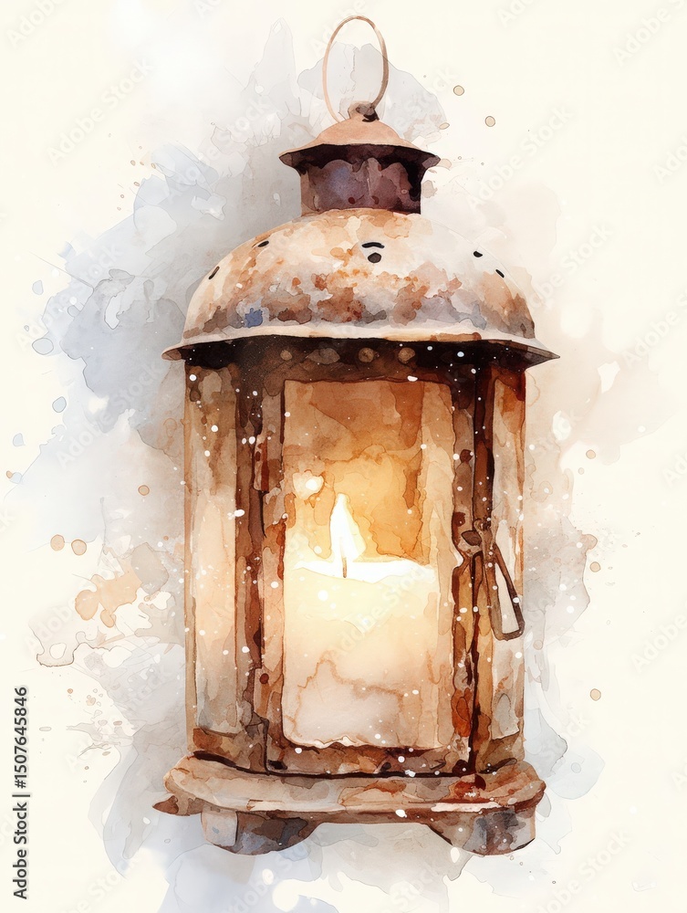 A rustic lantern with weathered metal features a flickering candle inside, casting a warm glow. The background is a soft watercolor wash, suggesting a peaceful winter night ambiance.