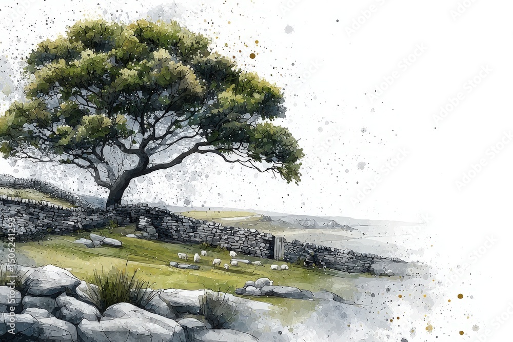 A serene countryside landscape features a large tree overlooking grazing sheep. Stone walls define the area, with gentle hills and a soft, misty atmosphere enhancing the natural beauty.