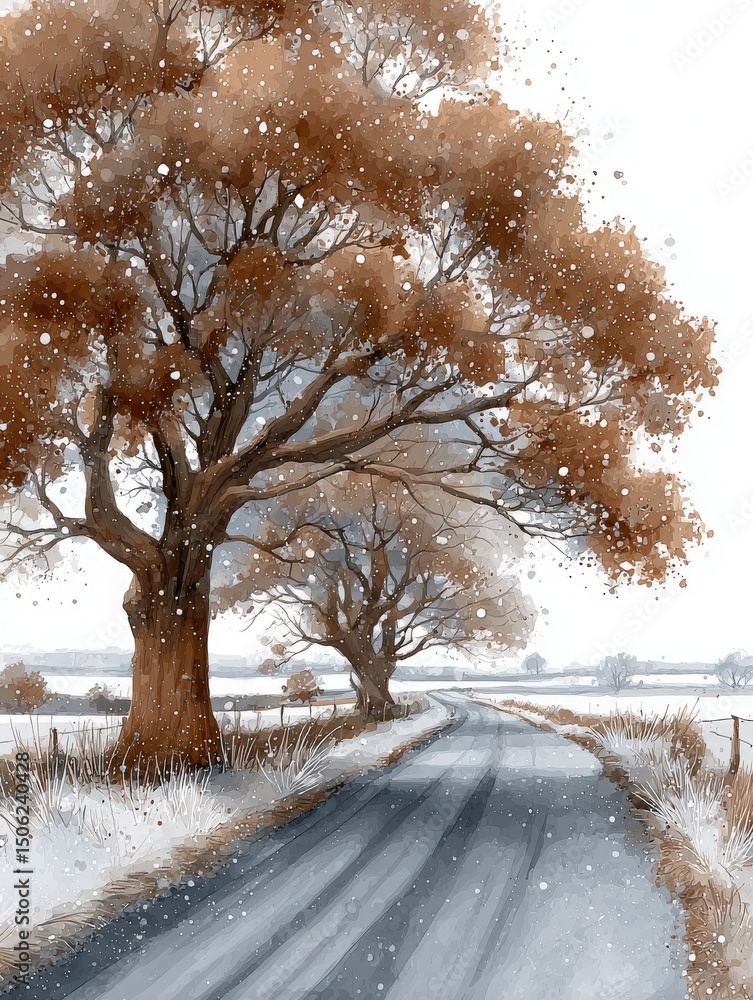 A serene road meanders through a snowy landscape adorned with tall trees. The branches are dusted with white snow, creating a tranquil winter atmosphere.