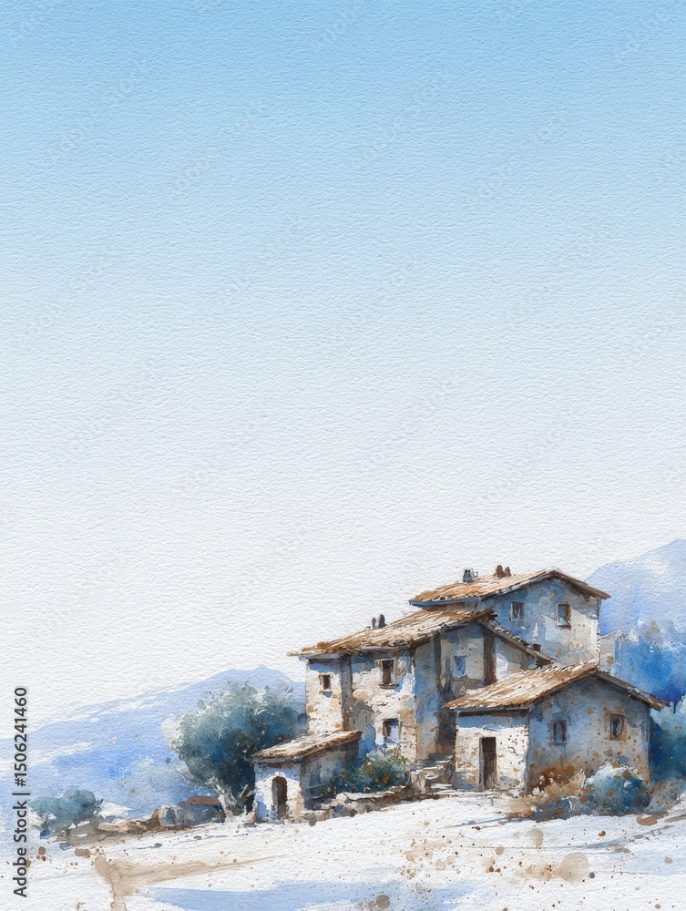 A serene rural landscape features traditional stone houses nestled on a hillside. The bright blue sky enhances the peaceful ambiance, inviting a sense of calm and tranquility.
