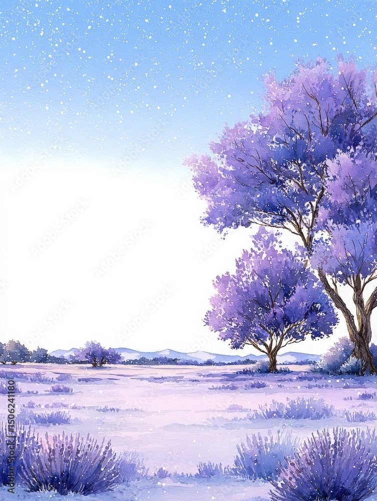 A serene winter landscape features purple trees and lavender fields blanketed in fresh snow. The scene showcases a bright blue sky and distant mountains on the horizon.