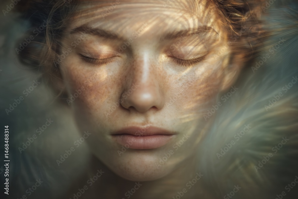 A serene woman closes her eyes, surrounded by delicate light patterns that create a dreamlike atmosphere. The intricate designs enhance her calm expression and natural beauty.