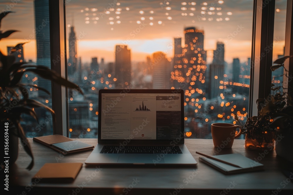 A serene workspace features a laptop displaying charts, with a stunning sunset cityscape in the background. The warm lights create a cozy atmosphere as day transitions to night.