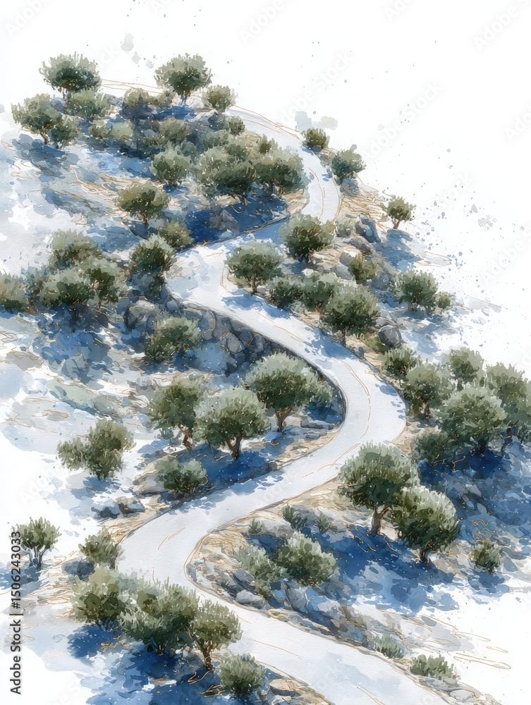 A serpentine road winds through an olive grove on a hillside, with lush green trees casting dappled shadows. The setting reflects a peaceful rural landscape under bright daylight.