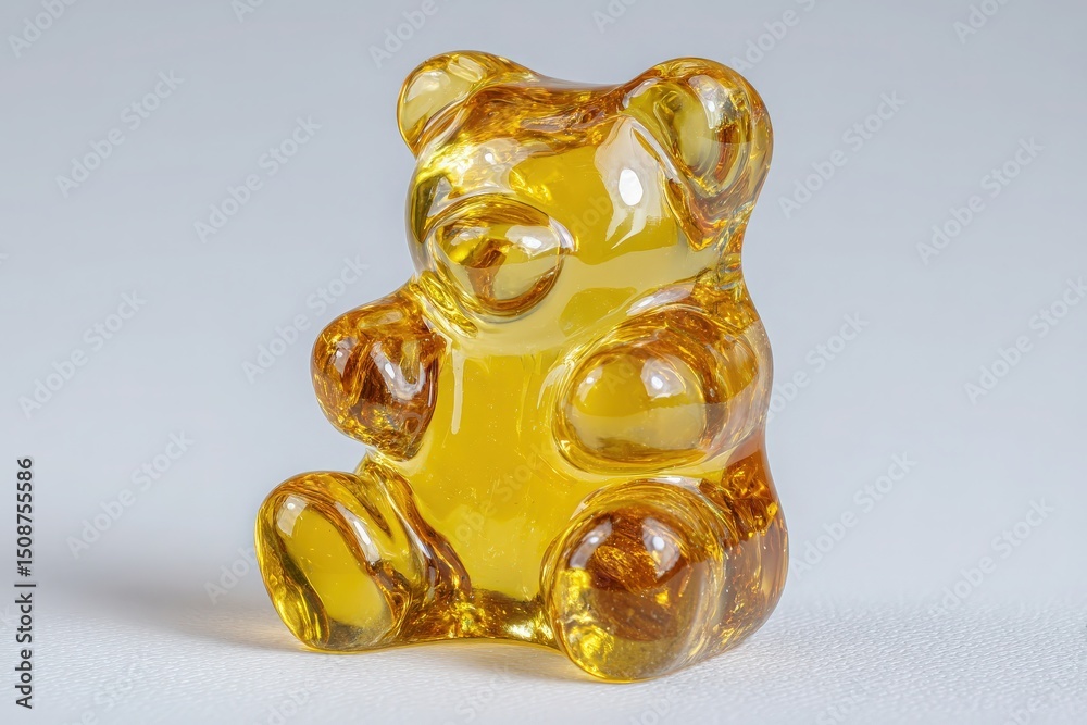 A shiny gummy bear, made of a vibrant yellow substance, sits upright and looks playful. Its rounded features and smooth surface reflect light, creating a cheerful appearance.