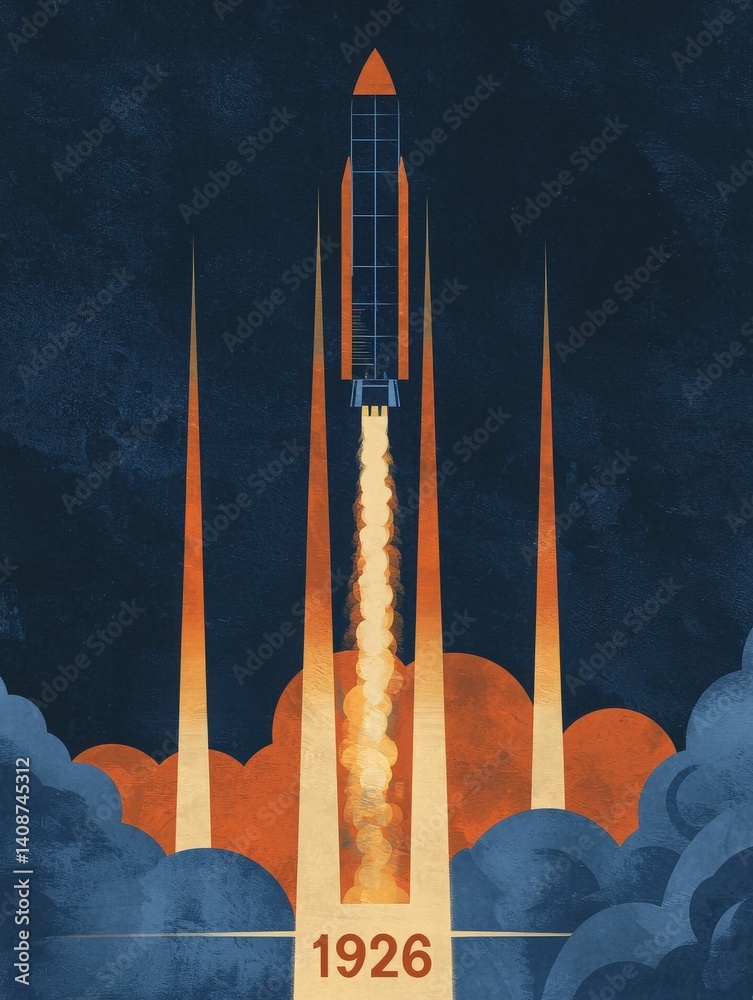 A significant rocket launches from a platform, emitting bright flames and smoke. The year 1926 is prominently displayed below, marking a pivotal moment in American aerospace history.