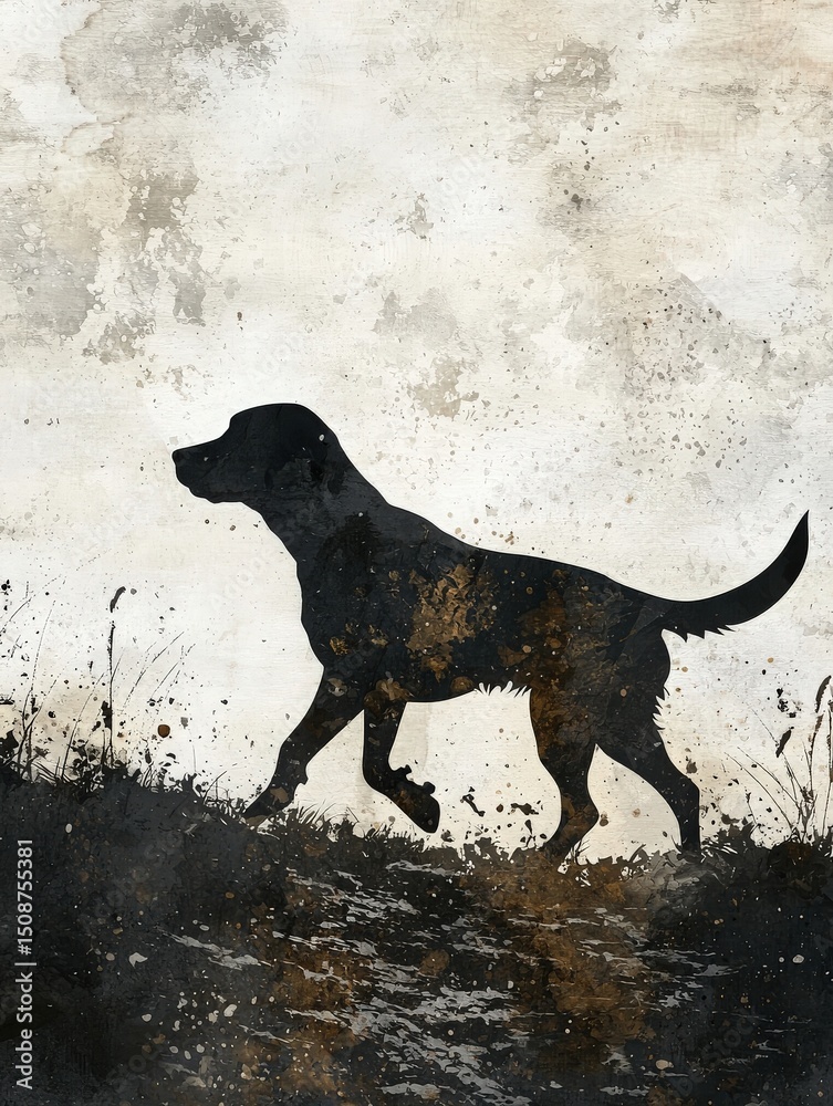 A silhouette of a dog is captured while walking along a trail. The background features a textured look, resembling the colors and shades of sunset or sunrise, adding depth to the scene.