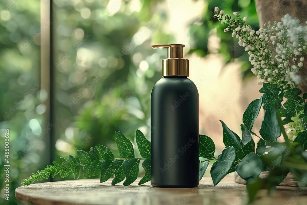A sleek black pump bottle stands on a wooden surface, surrounded by vibrant green plants. Natural light filters through nearby foliage, creating a serene atmosphere.