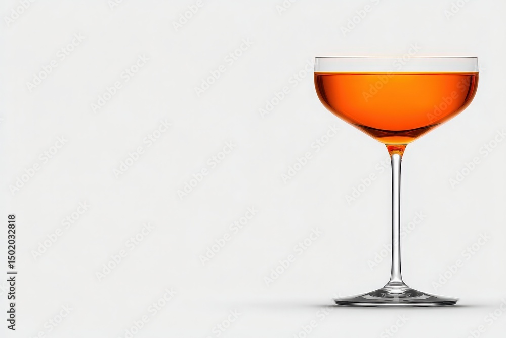 A sleek cocktail glass filled with a bright orange beverage stands alone against a plain backdrop, highlighting its elegant shape and color. The drink glistens, suggesting freshness.