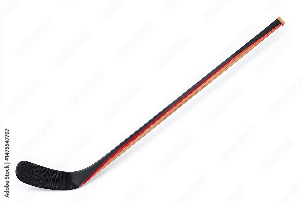 A sleek hockey stick rests horizontally, showcasing its slim design and striking color accents. Crafted for agility, it features a durable blade, ideal for competitive play on ice rinks.