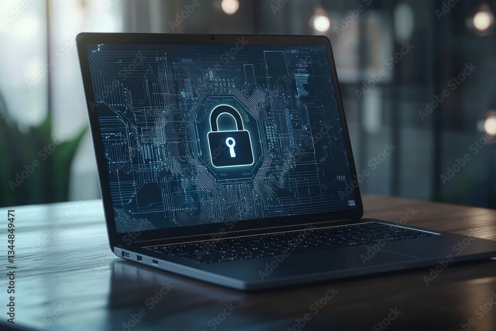 A sleek laptop with a digital lock icon is open on a wooden desk in a contemporary workspace. The background features soft glowing lights and greenery, creating a cozy atmosphere.