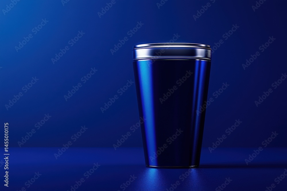 A sleek metal cup stands prominently against a deep blue backdrop, with striking lighting that creates shadows and enhances its reflective surface. The atmosphere is modern and minimalist.