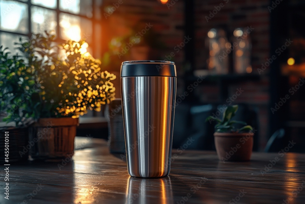 A sleek metal travel mug stands on a wooden table surrounded by potted plants. Warm sunlight streams through large windows, creating a welcoming atmosphere in a cozy space.