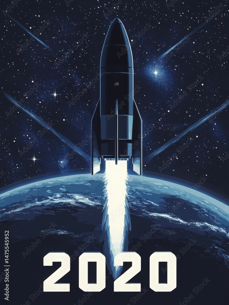 A sleek rocket ascends into the starry night sky, leaving a trail of fire behind. Earth is visible below, signifying the launchs significance in 2020 amidst a backdrop of celestial bodies.