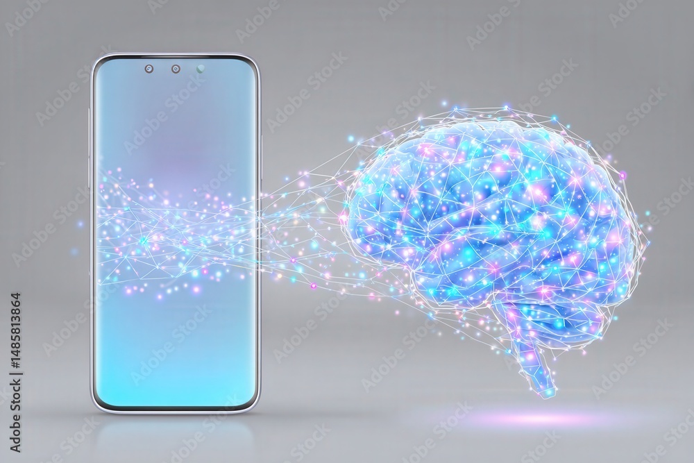 A sleek smartphone displays a glow, projecting a vibrant, interconnected neural network that symbolizes technology and brain power. This scene illustrates the merging of digital and cognitive realms.