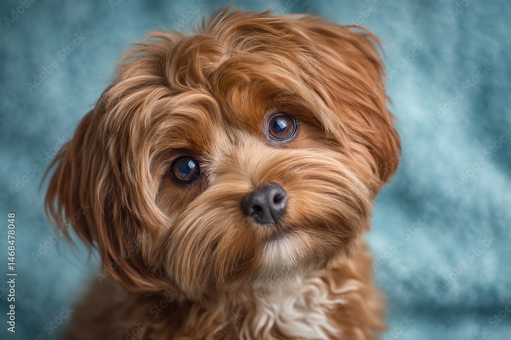 A small dog with curly, reddish-brown fur tilts its head slightly, showcasing its large, expressive eyes. The dog appears curious and playful against a soft blue backdrop.
