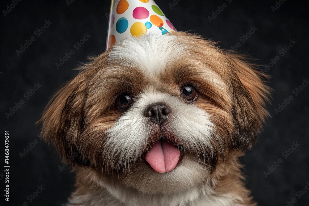 A small dog with fluffy fur and a happy expression wears a vibrant party hat adorned with colorful dots. Its tongue hangs out as it seems excited, embodying the joy of a birthday celebration.