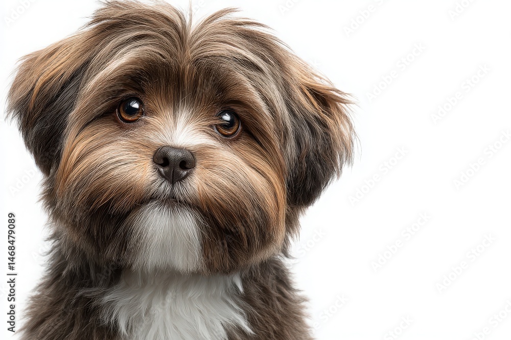 A small, fluffy dog with a charming expression gazes at the viewer. Its fur is a mix of brown and white, accentuating its big, expressive eyes. The background is plain and light.