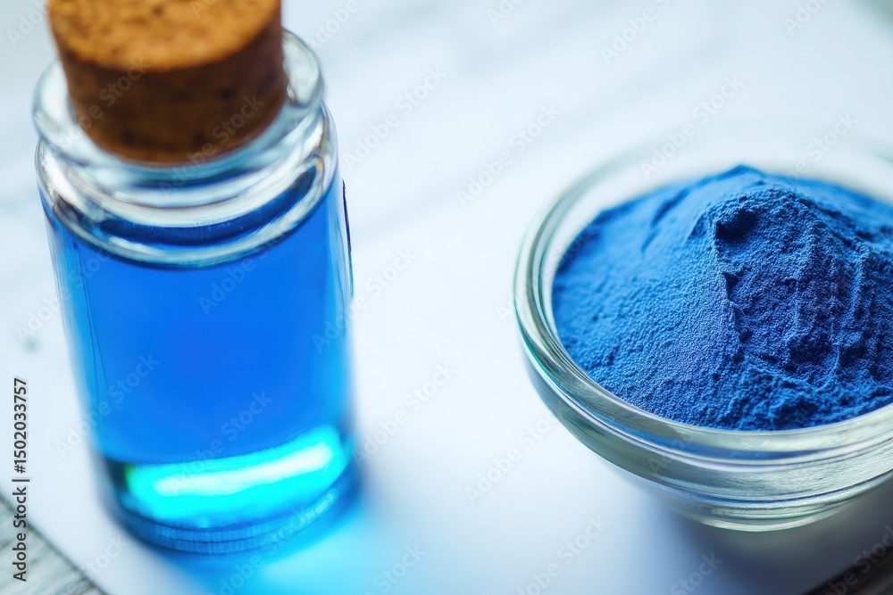 A small glass bottle with a cork top holds a bright blue liquid next to a bowl filled with blue pigment powder. The items are placed on a light-colored surface, creating an artistic atmosphere.