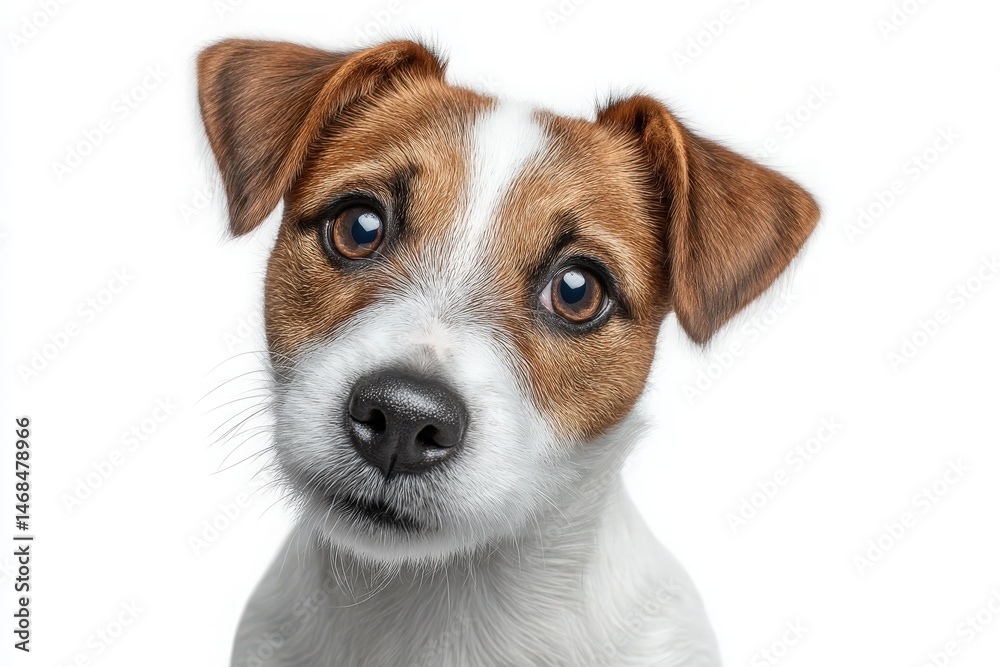 A small, playful dog with a mix of brown and white fur looks directly at the viewer. Its large, expressive eyes and joyful demeanor create an engaging and heartwarming connection.