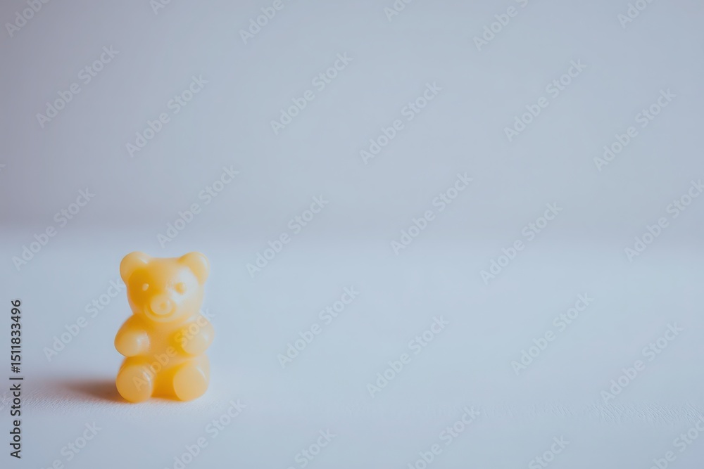 A small yellow gummy bear is prominently displayed against a smooth surface. Soft lighting creates a gentle ambiance, highlighting the bears cheerful features and texture.