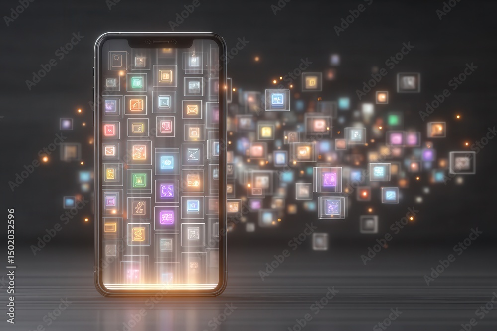 A smartphone stands upright, showcasing an array of colorful app icons surrounded by glowing effects. The background is dark, enhancing the vibrant display of technology and innovation.