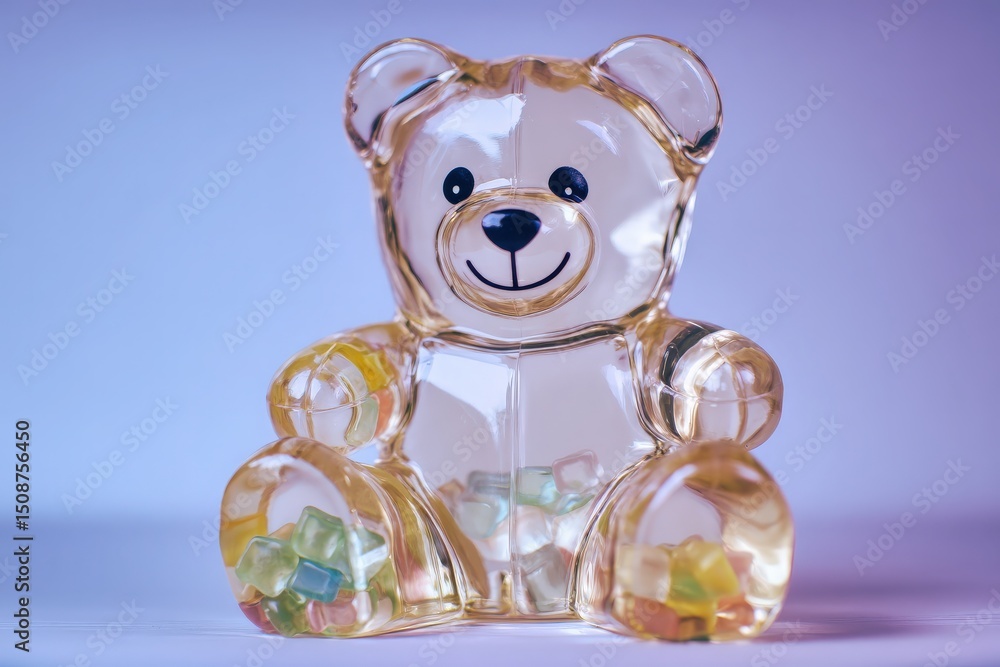 A smiling gummy bear figure made of clear material sits against a soft, colorful background. The bear has a playful expression and colorful candy pieces inside, creating a joyful atmosphere.