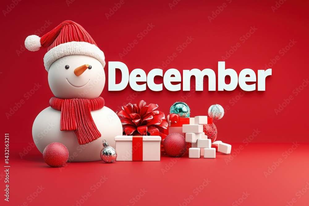 A snowman wearing a red scarf and Santa hat sits next to bright holiday decorations. Gifts, ornaments, and a red background enhance the joyful spirit of December festivities.