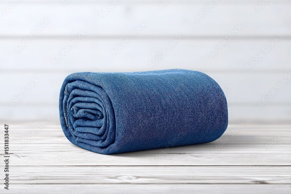 A soft, blue blanket is rolled neatly on a light wooden surface. The texture appears inviting, suggesting warmth and comfort, ideal for a cozy atmosphere.