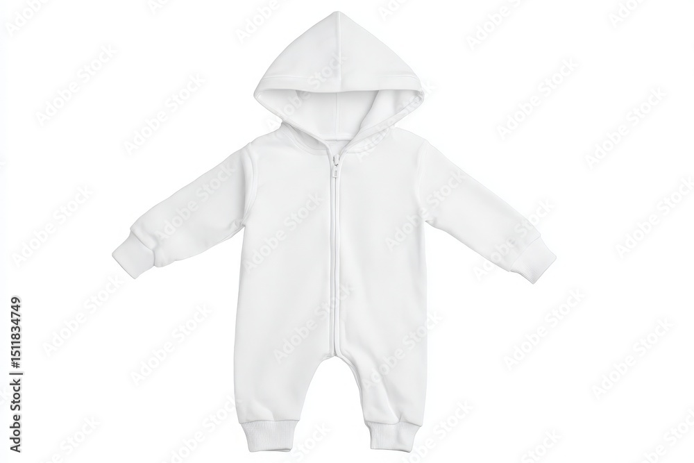 A soft, white jumpsuit with a zipper and hoodie designed for infants. It features long sleeves and a snug fit, ideal for keeping babies warm during cooler days.