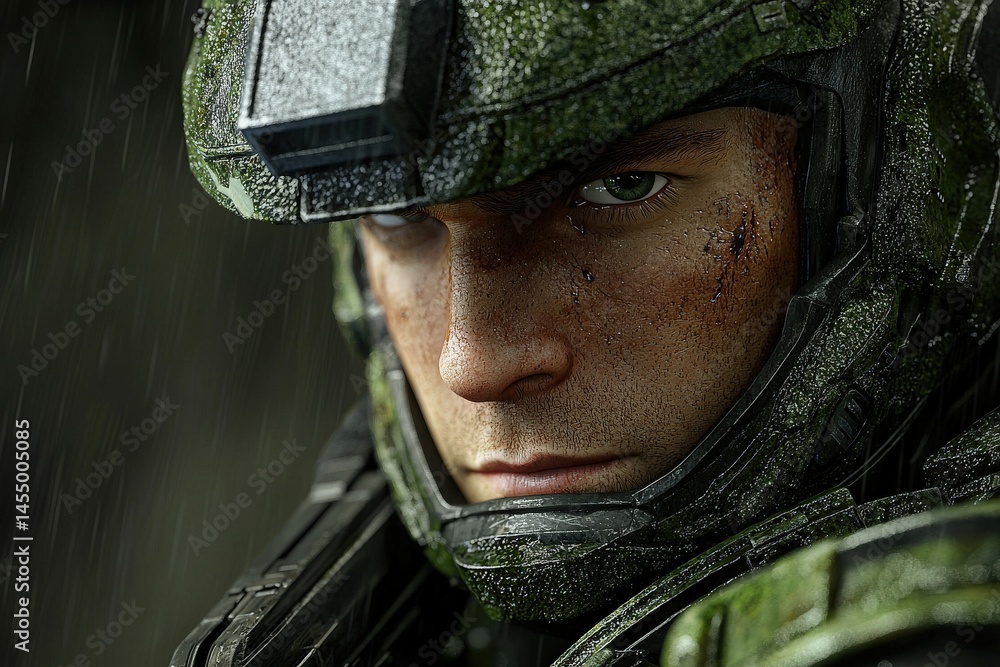 A soldier clad in green armor stares intensely, rain trickling down his face and gear, suggesting a high-stakes moment in a battle. The atmosphere is tense and foreboding.