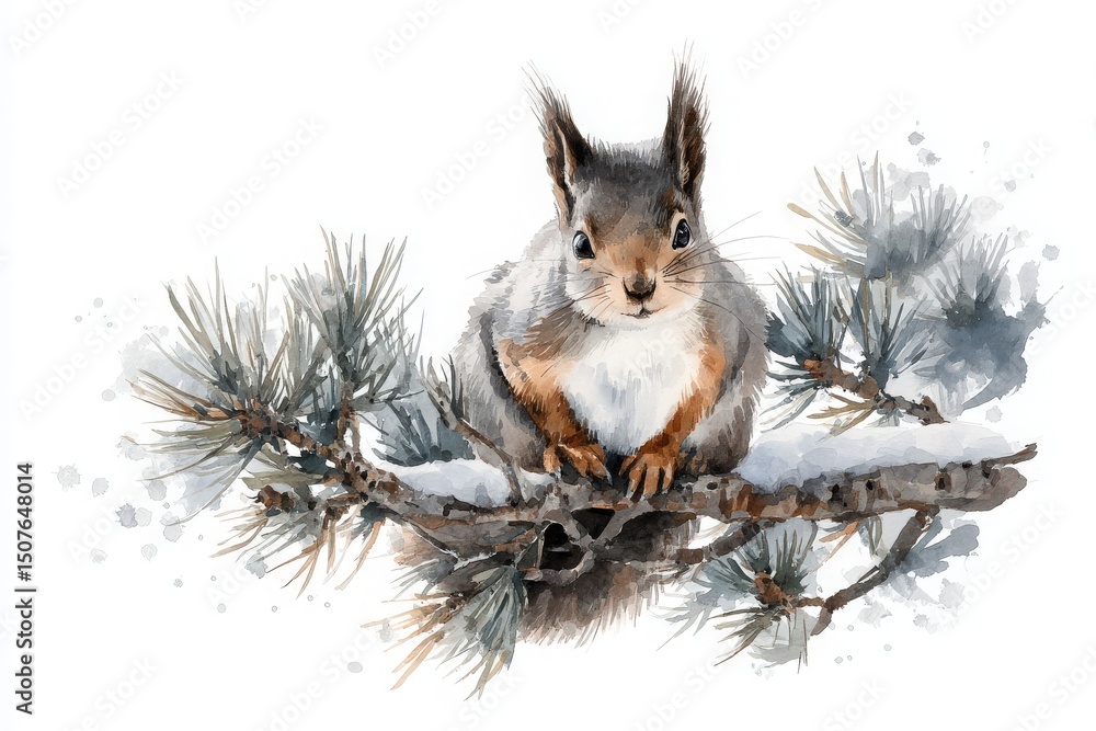 A squirrel sits alert on a snow-laden branch of a pine tree during winter. Its fur is a mix of gray and brown. Surrounding snow and pine needles add to the tranquil, chilly atmosphere of the scene.