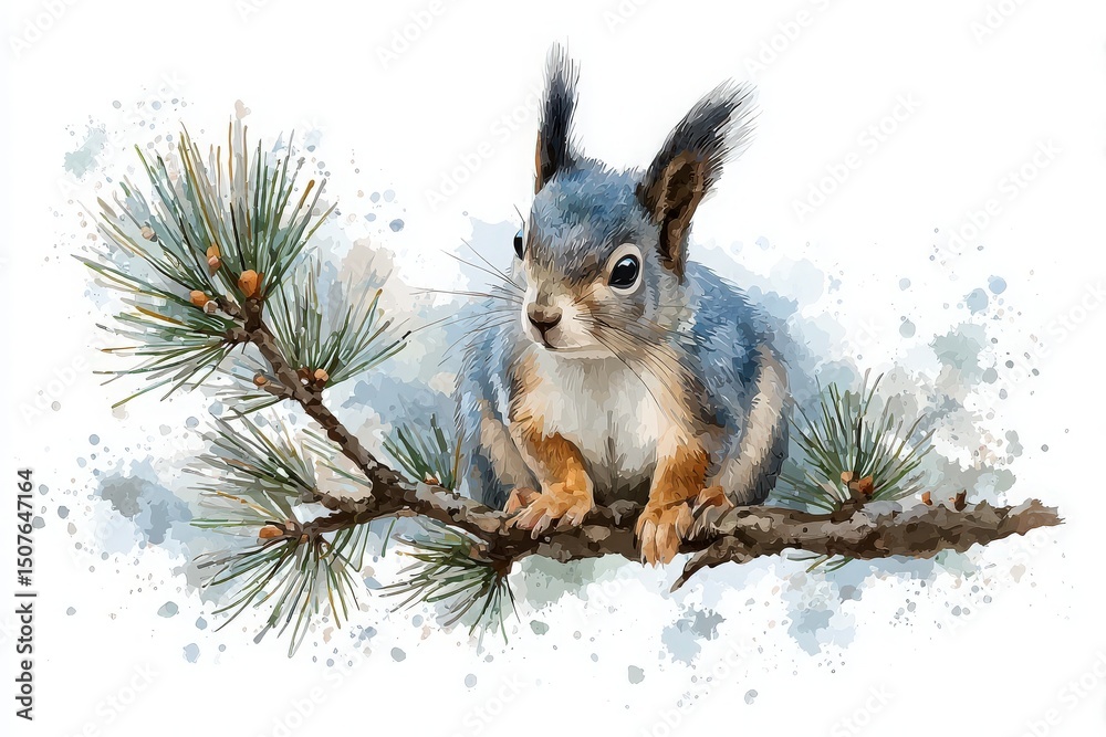 A squirrel with a soft blue-gray coat sits on a pine branch. The surrounding snowy environment adds a calm wintery feel. Pine needles frame the scene, enhancing the natural beauty.