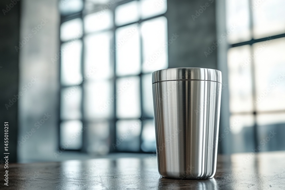 A stainless steel tumbler sits on a wooden table, capturing a contemporary atmosphere with large windows letting in natural light. The urban setting enhances its stylish design.