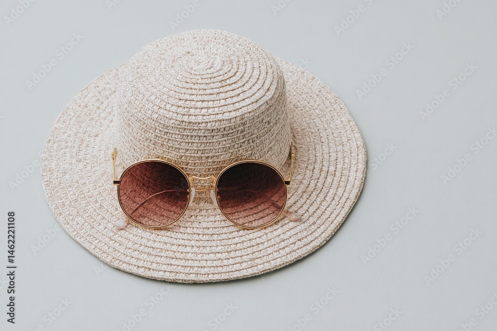 A straw hat with a wide brim sits flat alongside round sunglasses with pink lenses. The neutral color scheme creates an elegant summer vibe, perfect for beach outings or sunny days.