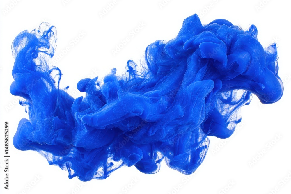 A striking array of bright blue ink swirls and flows gracefully, forming intricate shapes. The vivid hues contrast against a clean white background, showcasing movement and fluidity.