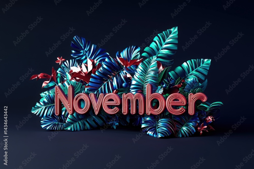 A striking display features the word November surrounded by lush, colorful tropical leaves and flowers. This lively arrangement brings a festive atmosphere perfect for autumn celebrations.