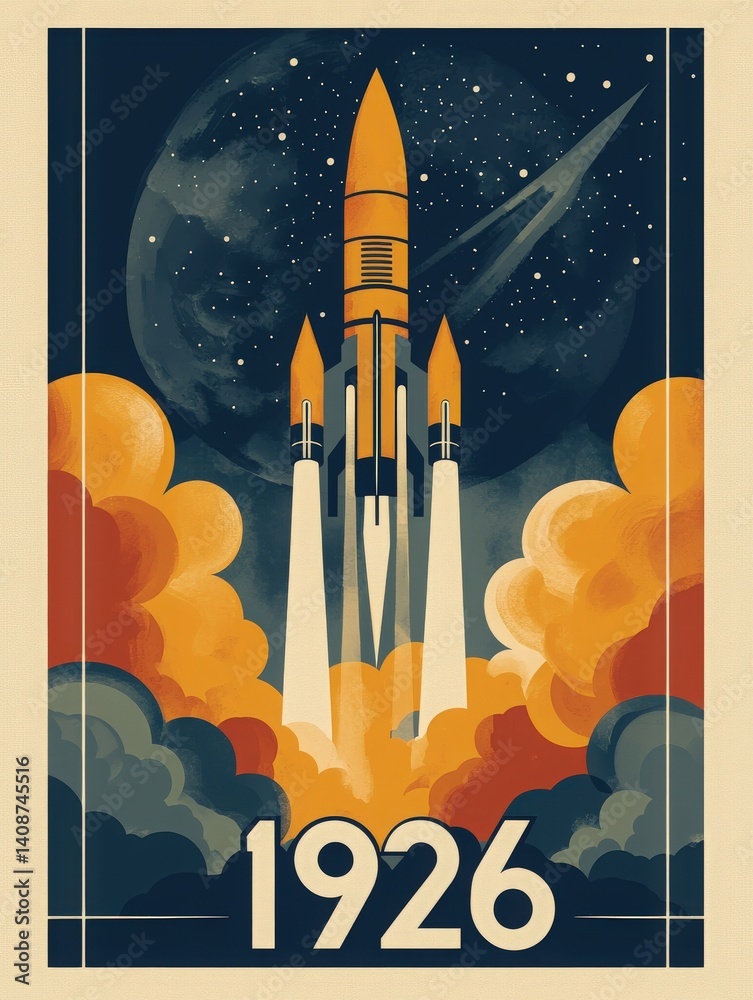 A striking illustration depicts a rocket soaring through vibrant clouds and bursts of color, set against a starry night sky.