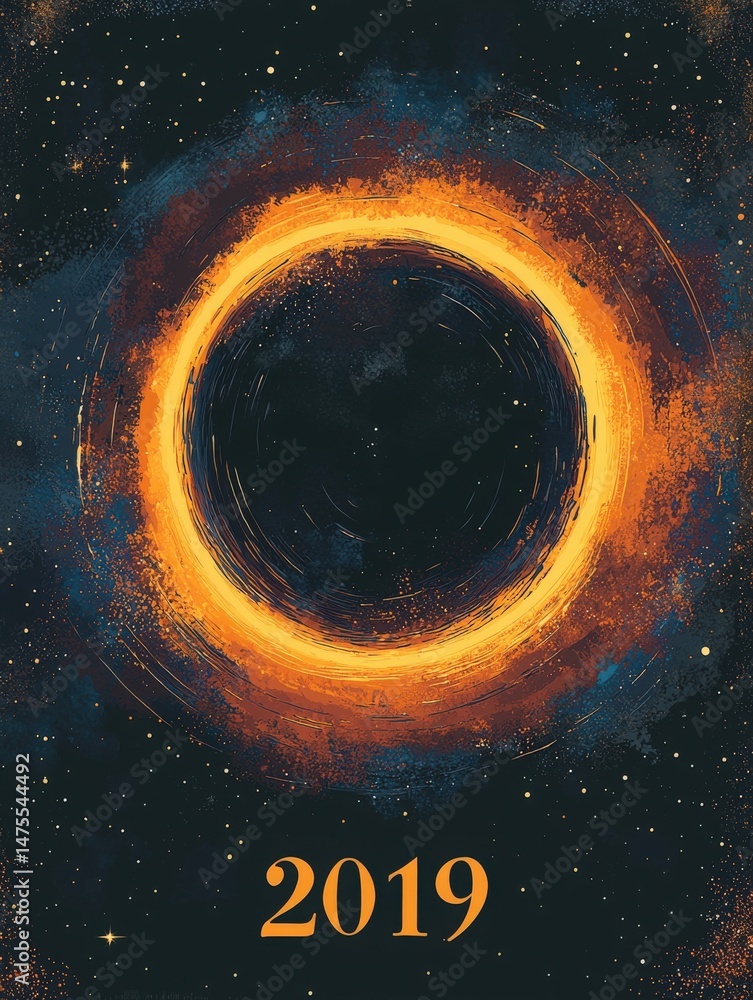 A striking illustration showcases a solar eclipse, surrounded by a starry night sky. Bright orange hues form a circular halo, creating a captivating cosmic atmosphere.