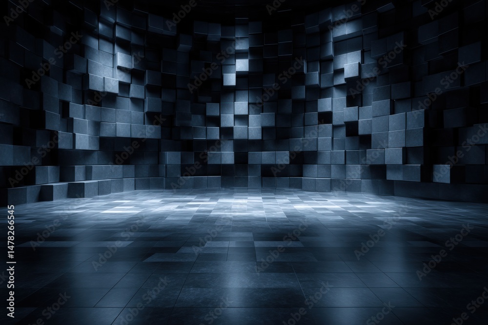 A striking interior space features a variety of dark geometric shapes arranged on walls. The soft illumination creates an atmospheric effect, emphasizing depth and texture within the room.