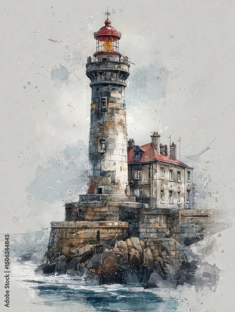 A striking lighthouse rises boldly from rocky shores, illuminated by early morning light. Waves crash against its sturdy base, while the sky softens with pastel hues, creating a tranquil coastal view.