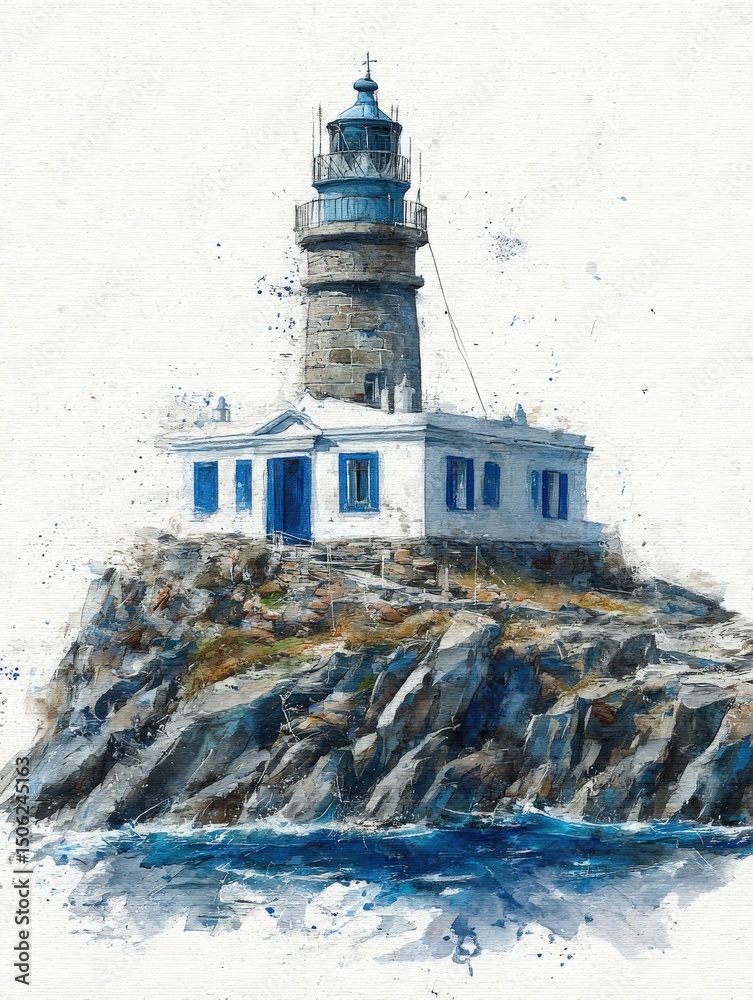 A striking lighthouse stands atop rugged rocks, surrounded by vibrant blue ocean. The bright white structure features blue accents and a clear sky in the background, highlighting its beauty.