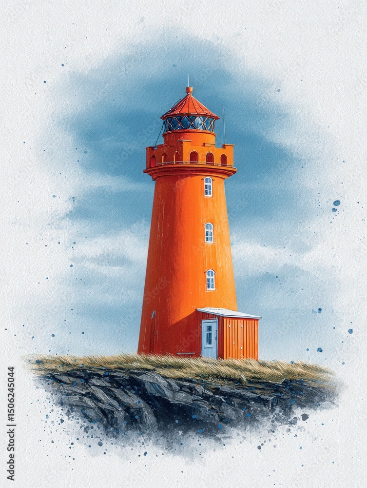 A striking orange lighthouse is situated on a grassy cliff, surrounded by a serene coastal environment. The bright structure contrasts beautifully with the blue sky and gentle clouds.