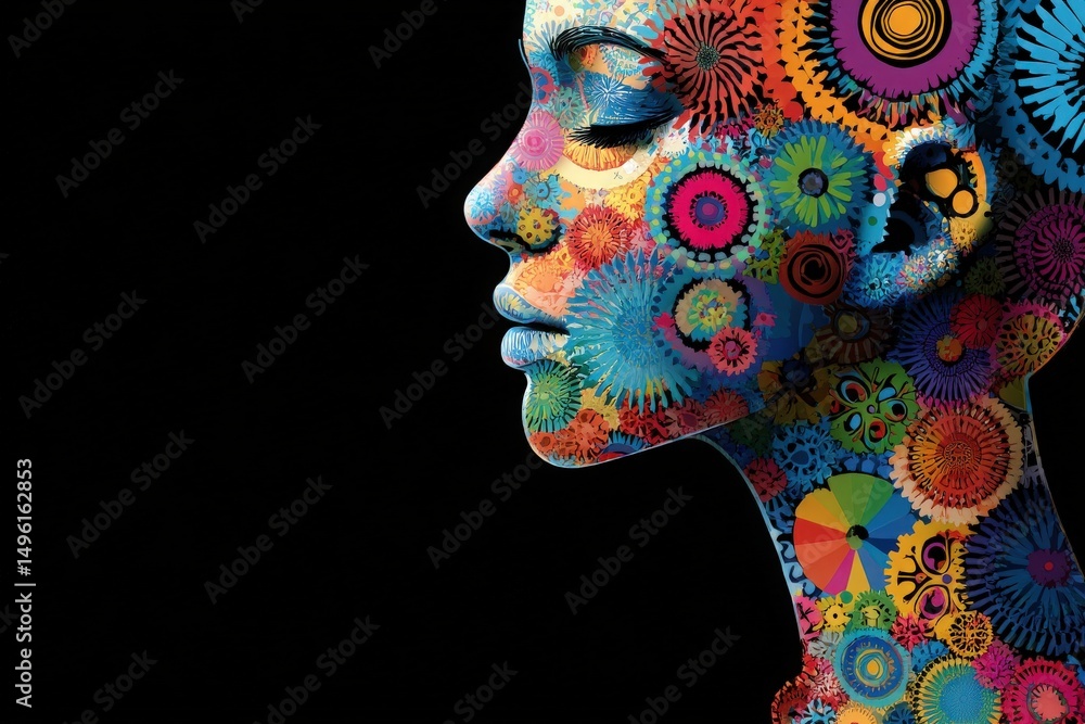 A striking profile of a woman adorned with a vibrant mix of abstract shapes and geometric patterns.